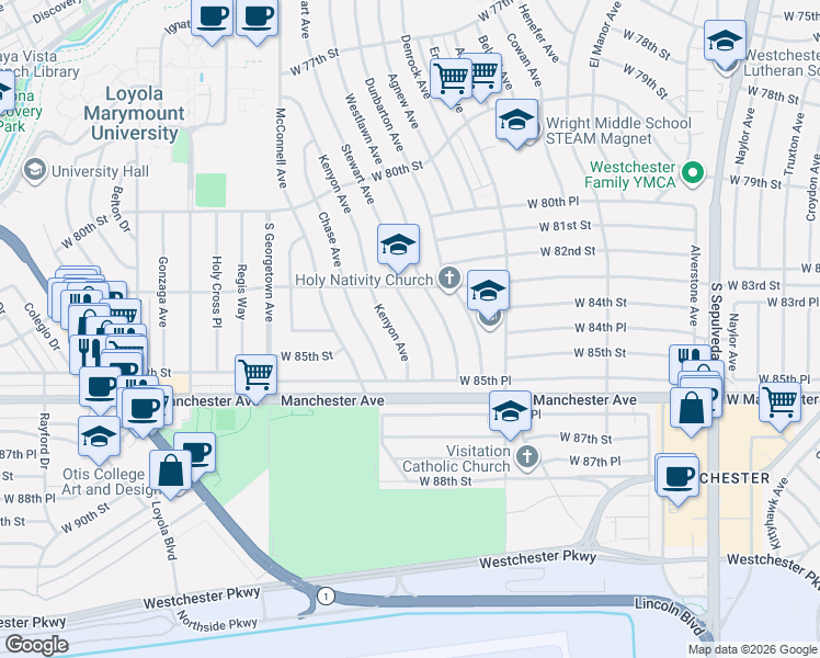 map of restaurants, bars, coffee shops, grocery stores, and more near 8369 Kenyon Avenue in Los Angeles