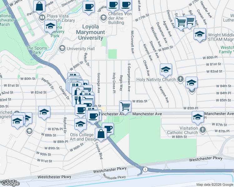 map of restaurants, bars, coffee shops, grocery stores, and more near 8409 Holy Cross Place in Los Angeles