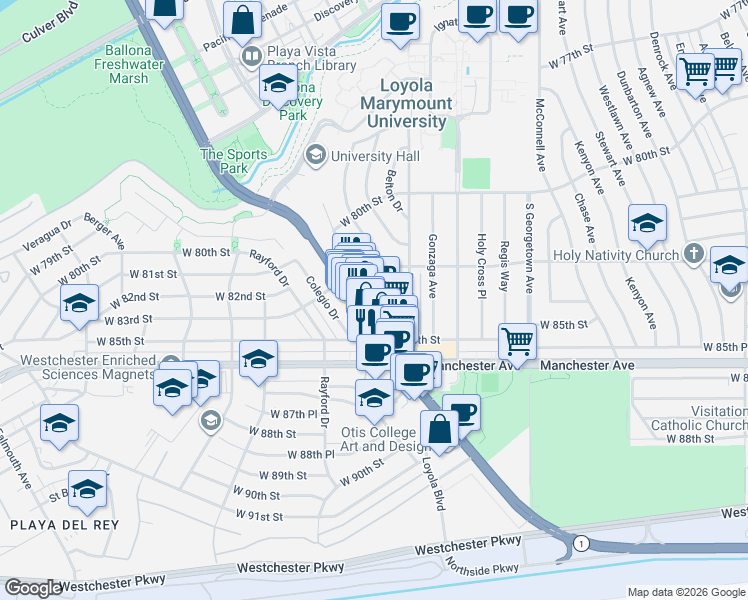 map of restaurants, bars, coffee shops, grocery stores, and more near 8340 California 1 in Los Angeles