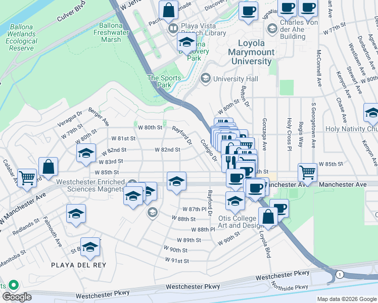 map of restaurants, bars, coffee shops, grocery stores, and more near 8301 Rayford Drive in Los Angeles
