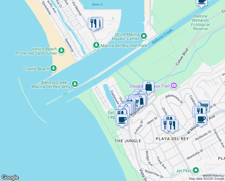 map of restaurants, bars, coffee shops, grocery stores, and more near 6521 Esplanade Street in Los Angeles