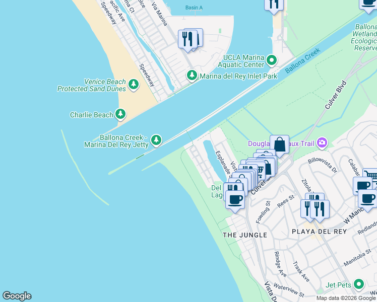 map of restaurants, bars, coffee shops, grocery stores, and more near 1 63rd Avenue in Los Angeles