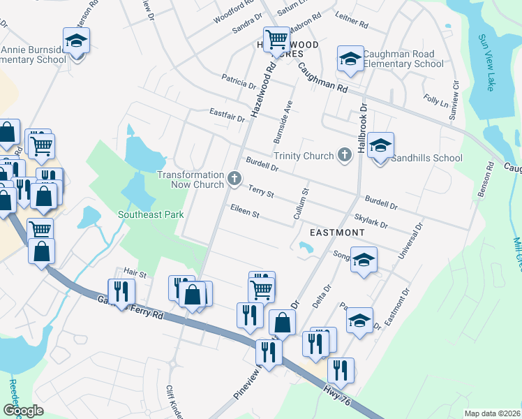 map of restaurants, bars, coffee shops, grocery stores, and more near 7627 Eileen Street in Columbia
