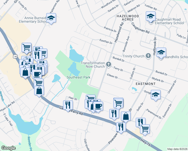 map of restaurants, bars, coffee shops, grocery stores, and more near 1025 Hazelwood Road in Columbia