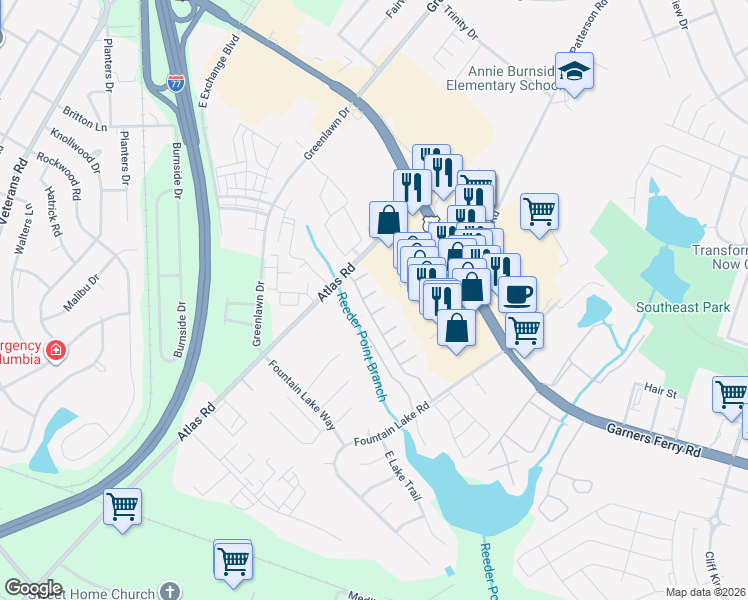 map of restaurants, bars, coffee shops, grocery stores, and more near 21 Charnock Way in Columbia