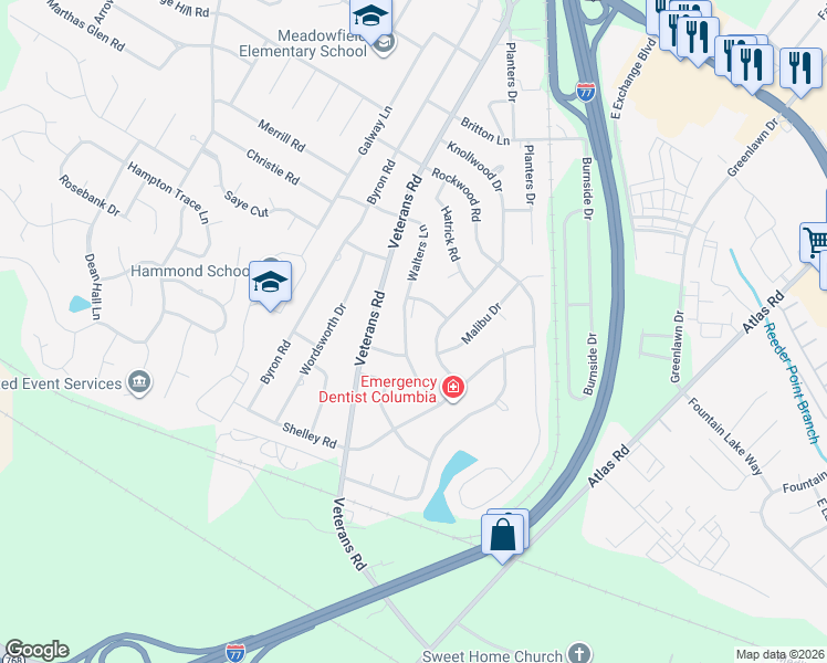 map of restaurants, bars, coffee shops, grocery stores, and more near 908 Walters Lane in Columbia