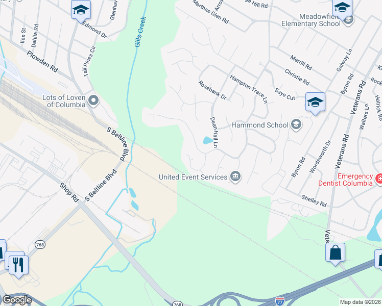 map of restaurants, bars, coffee shops, grocery stores, and more near 155 Wood Ride Lane in Columbia