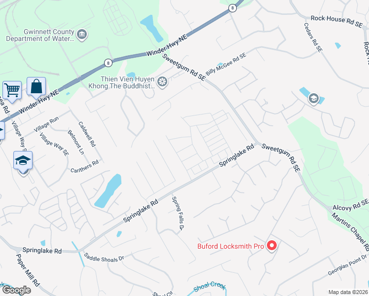 map of restaurants, bars, coffee shops, grocery stores, and more near 787 Springlake Road in Lawrenceville