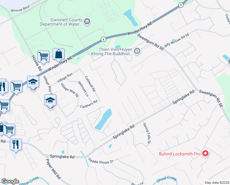 map of restaurants, bars, coffee shops, grocery stores, and more near 160 Ashland Manor Drive in Lawrenceville
