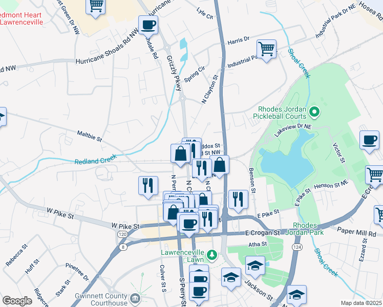 map of restaurants, bars, coffee shops, grocery stores, and more near 634 North Clayton Street in Lawrenceville