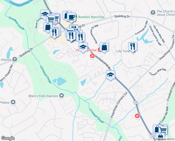 map of restaurants, bars, coffee shops, grocery stores, and more near 1303 Park Lake Lane in Norcross