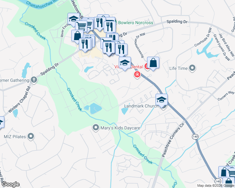 map of restaurants, bars, coffee shops, grocery stores, and more near 3816 Moran Way in Norcross