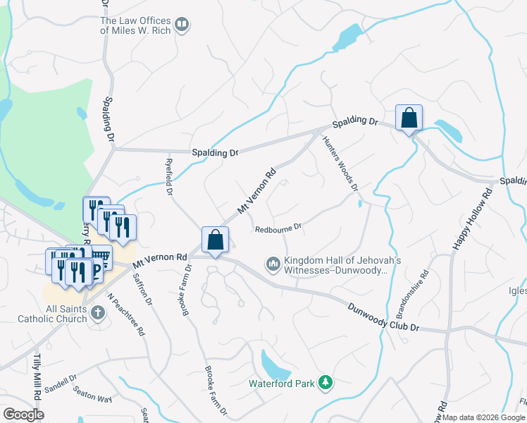 map of restaurants, bars, coffee shops, grocery stores, and more near 130 Treadwick Drive in Atlanta