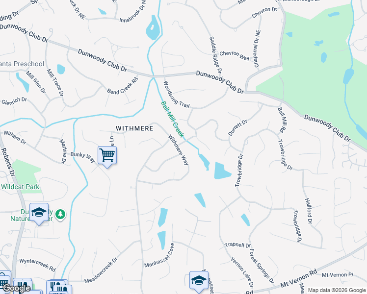 map of restaurants, bars, coffee shops, grocery stores, and more near 1584 Summerset Drive in Dunwoody