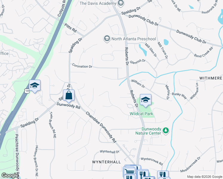 map of restaurants, bars, coffee shops, grocery stores, and more near 1178 Verdon Drive in Dunwoody