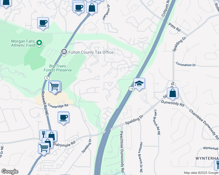 map of restaurants, bars, coffee shops, grocery stores, and more near 1910 Huntingdon Chase in Sandy Springs