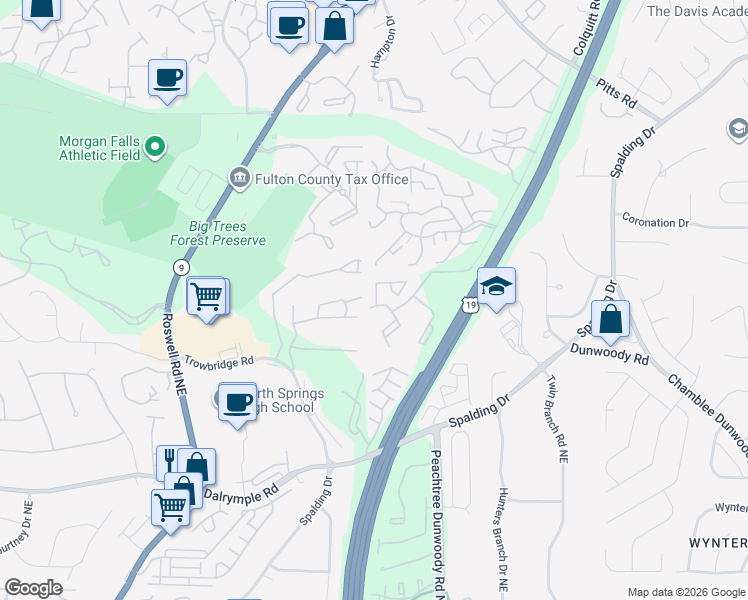 map of restaurants, bars, coffee shops, grocery stores, and more near 1902 Huntingdon Chase in Atlanta