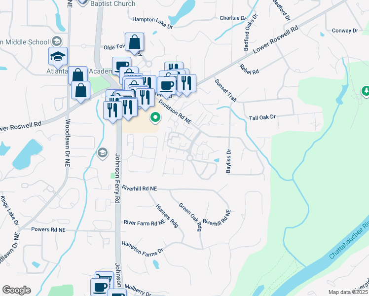 map of restaurants, bars, coffee shops, grocery stores, and more near 4932 Meadow Lane in Marietta