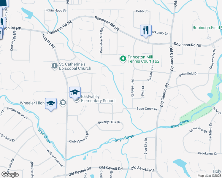 map of restaurants, bars, coffee shops, grocery stores, and more near 2744 Princeton Mill Court in Marietta