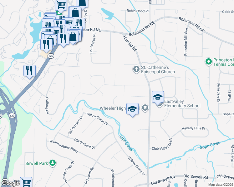 map of restaurants, bars, coffee shops, grocery stores, and more near 2412 Monterey Drive in Marietta
