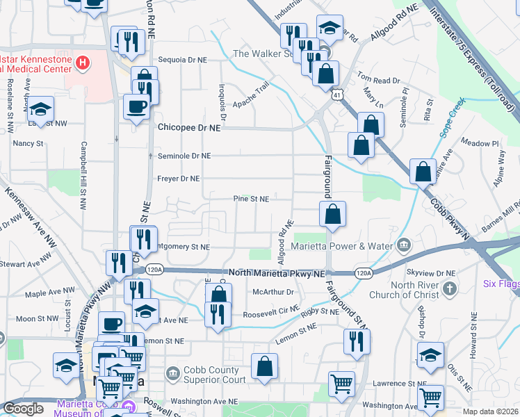 map of restaurants, bars, coffee shops, grocery stores, and more near 414 Edwards Drive Northeast in Marietta