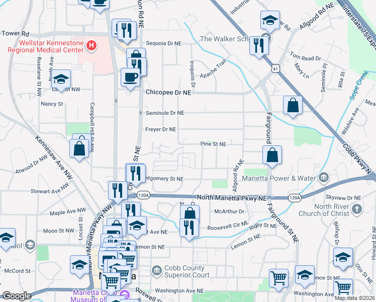 map of restaurants, bars, coffee shops, grocery stores, and more near 429 Hunt Street Northeast in Marietta