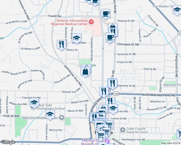 map of restaurants, bars, coffee shops, grocery stores, and more near 398 Campbell Hill Street Northwest in Marietta