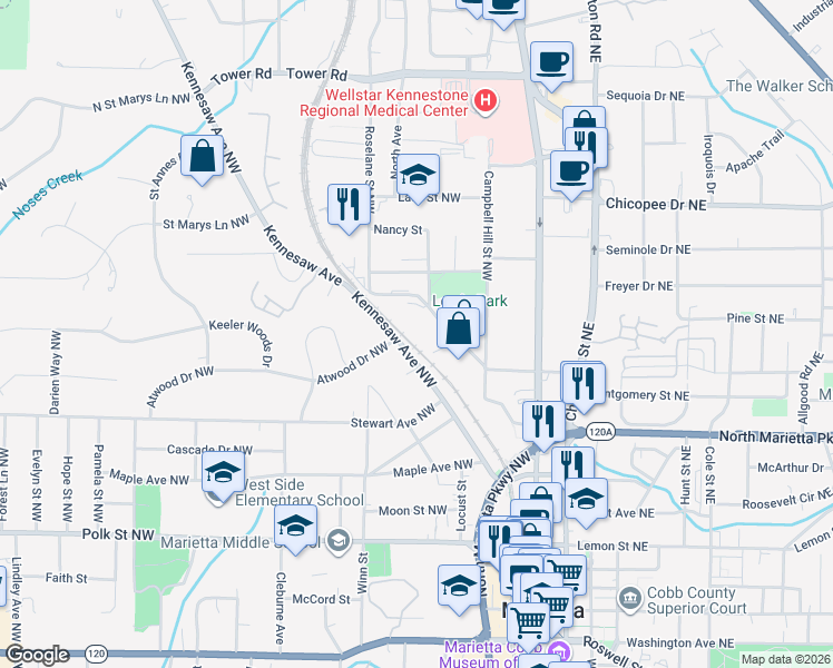 map of restaurants, bars, coffee shops, grocery stores, and more near 445 Sessions Street in Marietta