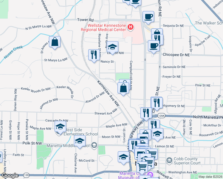 map of restaurants, bars, coffee shops, grocery stores, and more near 380 Kennesaw Avenue in Marietta