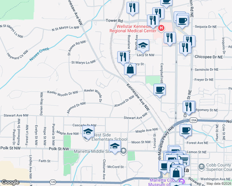 map of restaurants, bars, coffee shops, grocery stores, and more near 381 Talcott Circle in Marietta