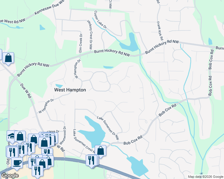 map of restaurants, bars, coffee shops, grocery stores, and more near 301 Green Farm Way Northwest in Marietta