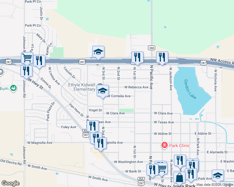 map of restaurants, bars, coffee shops, grocery stores, and more near 1109 North 2nd Street in Iowa Park