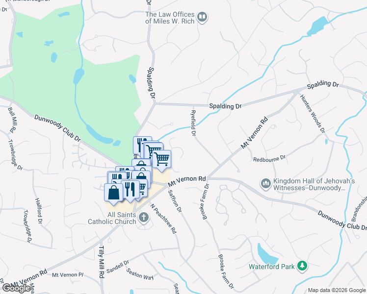 map of restaurants, bars, coffee shops, grocery stores, and more near 120 Landseer Way in Atlanta