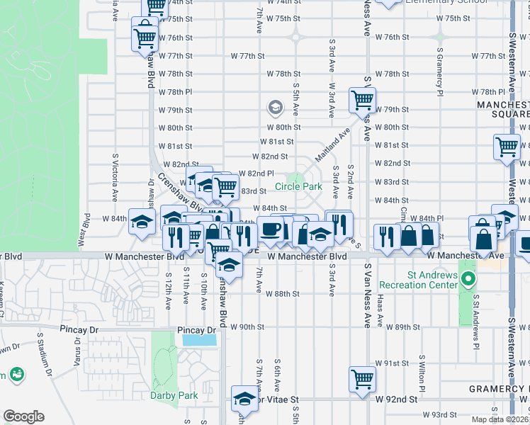 map of restaurants, bars, coffee shops, grocery stores, and more near 2816 West 84th Street in Inglewood