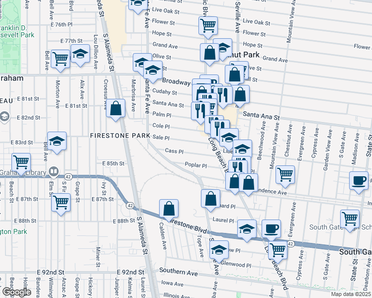 map of restaurants, bars, coffee shops, grocery stores, and more near 2503 Cass Place in Huntington Park
