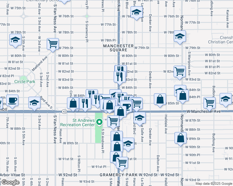 map of restaurants, bars, coffee shops, grocery stores, and more near 8419 Western Avenue in Los Angeles