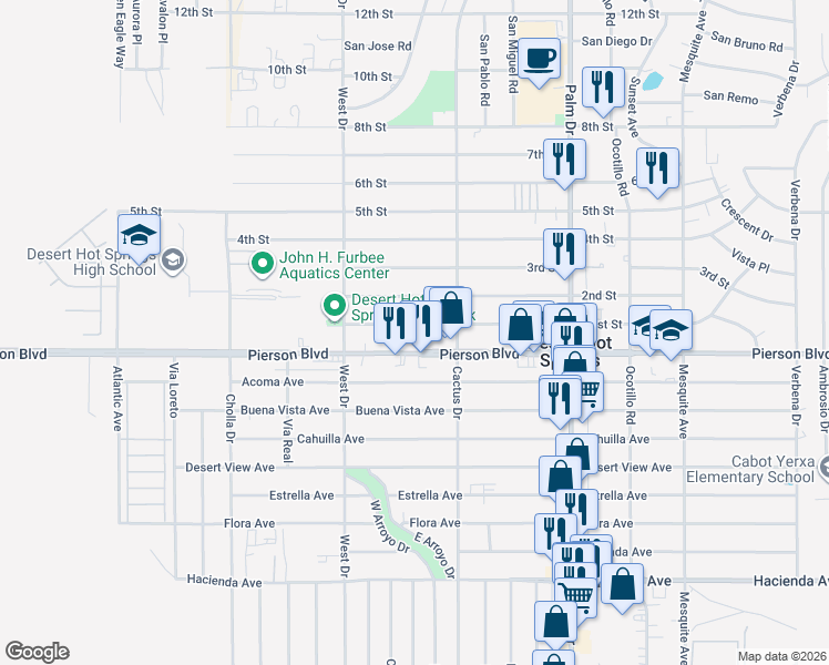 map of restaurants, bars, coffee shops, grocery stores, and more near 66121 Pierson Boulevard in Desert Hot Springs