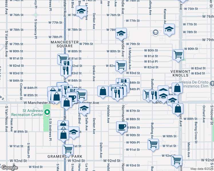 map of restaurants, bars, coffee shops, grocery stores, and more near 1448 West 84th Place in Los Angeles