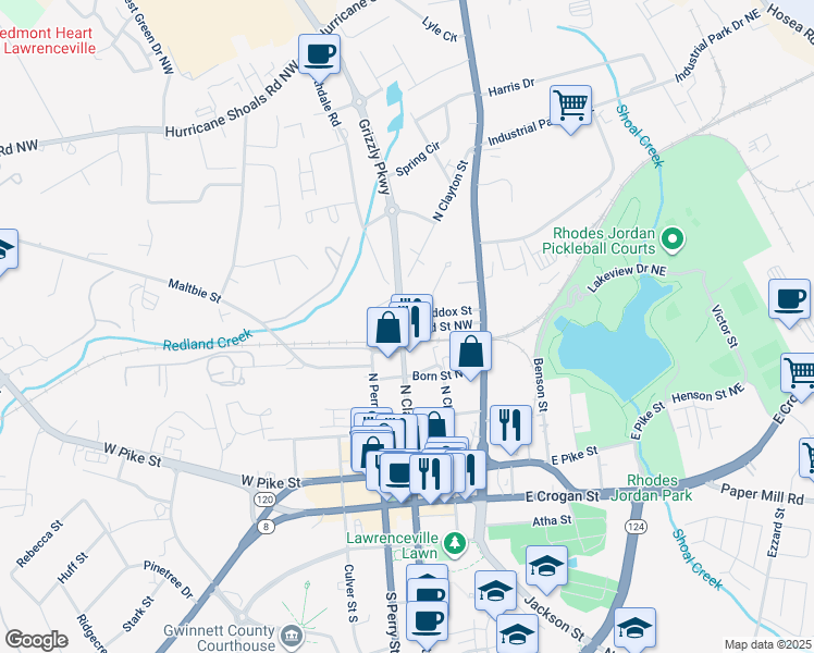map of restaurants, bars, coffee shops, grocery stores, and more near 634 North Clayton Street in Lawrenceville