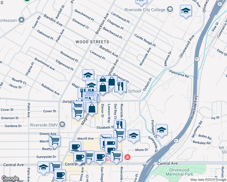 map of restaurants, bars, coffee shops, grocery stores, and more near 3631 Briscoe Street in Riverside