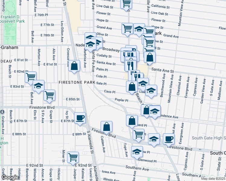 map of restaurants, bars, coffee shops, grocery stores, and more near 2485 Cass Place in Huntington Park
