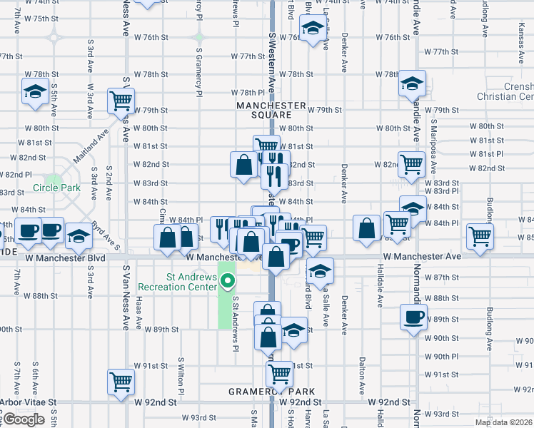 map of restaurants, bars, coffee shops, grocery stores, and more near 8419 South Western Avenue in Los Angeles