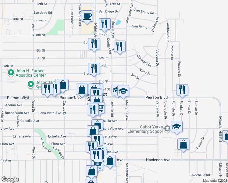 map of restaurants, bars, coffee shops, grocery stores, and more near 13199 Ocotillo Road in Desert Hot Springs