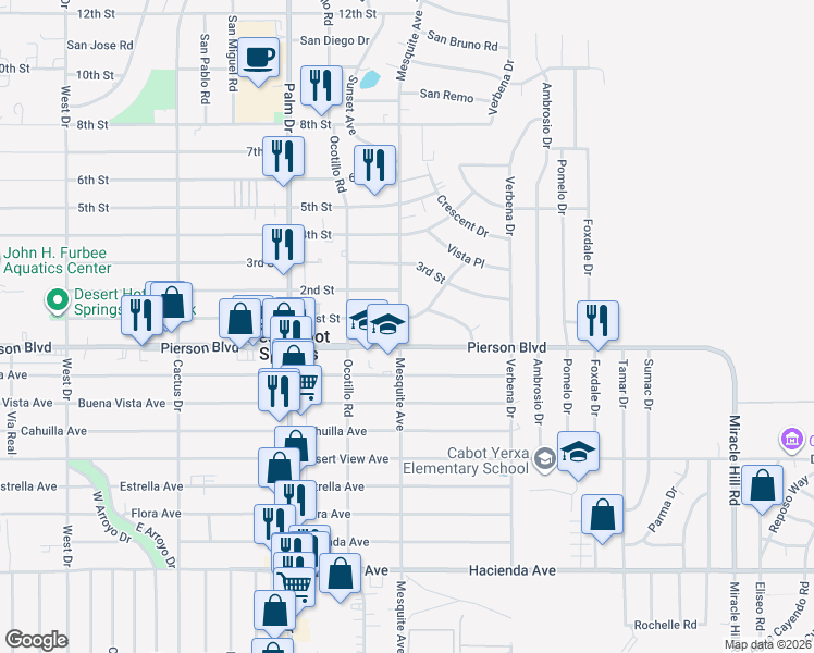 map of restaurants, bars, coffee shops, grocery stores, and more near 66755 First Street in Desert Hot Springs