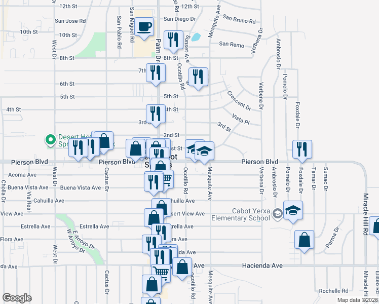 map of restaurants, bars, coffee shops, grocery stores, and more near 66620 Pierson Boulevard in Desert Hot Springs