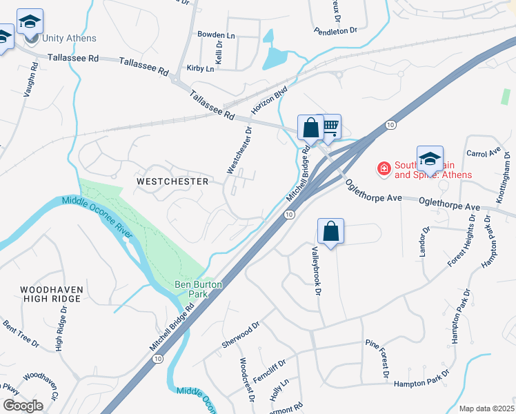 map of restaurants, bars, coffee shops, grocery stores, and more near 280 Mitchell Bridge Road in Athens