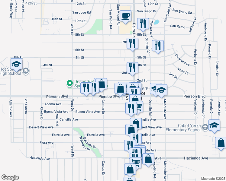 map of restaurants, bars, coffee shops, grocery stores, and more near First Street in Desert Hot Springs