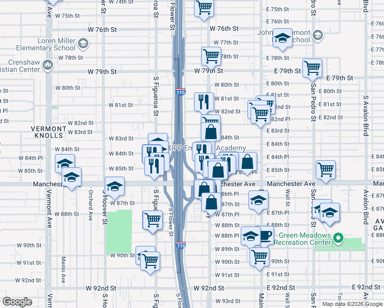 map of restaurants, bars, coffee shops, grocery stores, and more near 8503 South Olive Street in Los Angeles
