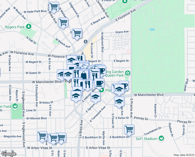 map of restaurants, bars, coffee shops, grocery stores, and more near 206 South Locust Street in Inglewood