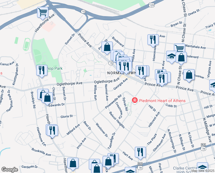 map of restaurants, bars, coffee shops, grocery stores, and more near 222 Normal Avenue in Athens